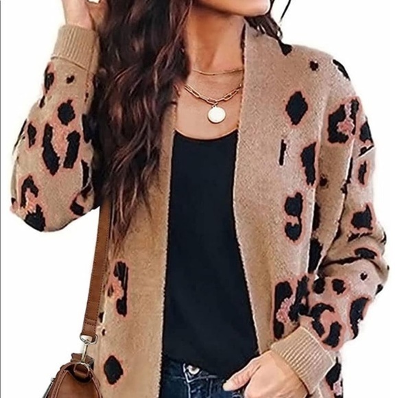 Open Front Leopard Print Knitted Sweater Cardigan, Tan, Size Small S NWOT - Picture 2 of 6